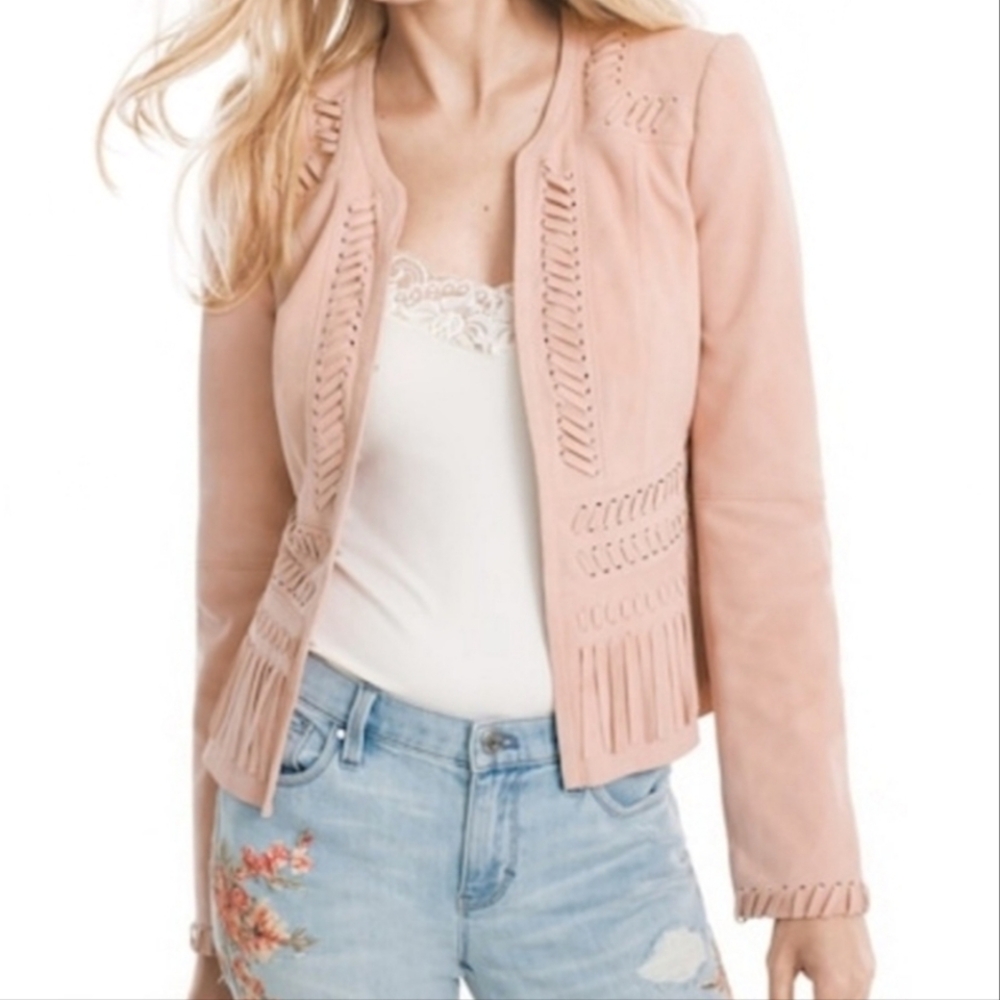 White House Black Market Jacket Women’s Stitch and Fringe Suede Leather Pink XS